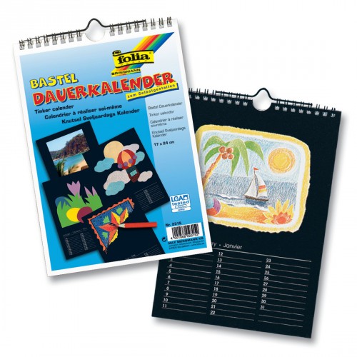 Folia Bastel Dauerkalender, Spiralbindung, 17x24cm, Papier schwarz, Druck silber