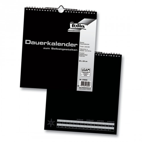 Folia Bastel Dauerkalender, Spiralbindung, 23x24cm, Papier schwarz, Druck silber