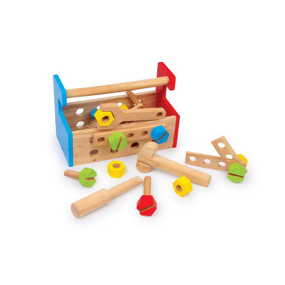 Konstruktionsbox aus Holz, mit Werkzeug und Schrauben